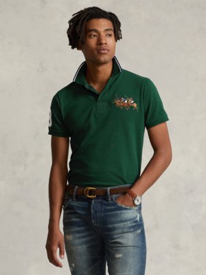 Poloshirt mit Poloreiter- und Nummern-Stickereien, Custom Slim Fit