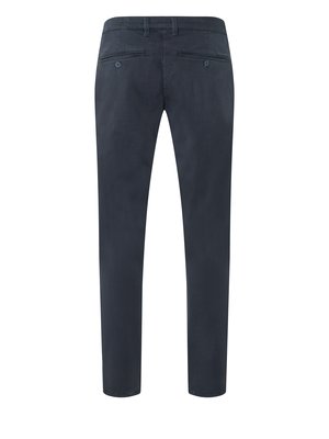 Dunkelblaue Hose aus der Rückansicht vor weißem Hintergrund. Die Hose hat einen Bund mit Knopf und Gürtelschlaufen, sowie zwei Gesäßtaschen. Die Hosenbeine sind gerade geschnitten.