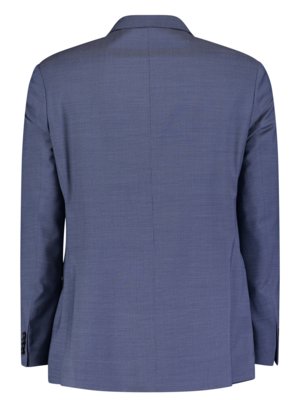 Rückansicht eines blauen Herren-Blazers. Der Blazer hat einen Reverskragen und lange Ärmel, an denen Knöpfe sichtbar sind. Der Stoff scheint gewebt zu sein, und es gibt Nähte an den Schultern und im Rücken.