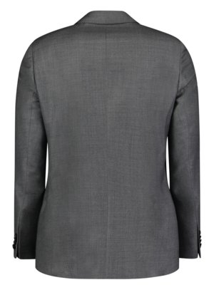 Grauer Anzug-Blazer, Rückansicht. Der Blazer hat einen Kragen, lange Ärmel mit Knöpfen an den Manschetten und ist aus einem gewebten Stoff gefertigt. Der Hintergrund ist weiß.