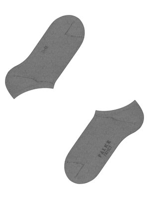 Zwei graue, nahtlose Socken auf weißem Hintergrund. Die Socken sind in etwa gleich ausgerichtet, einer mit der Aufschrift "39-42", der andere mit "FALKE FAMILY". Beide Socken haben einen U-förmigen Ausschnitt.
