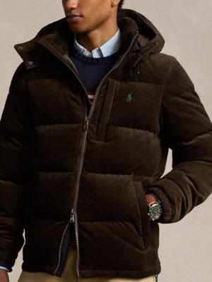 Daunenjacke in Cord-Qualität mit Steppmuster und Logo-Stickerei