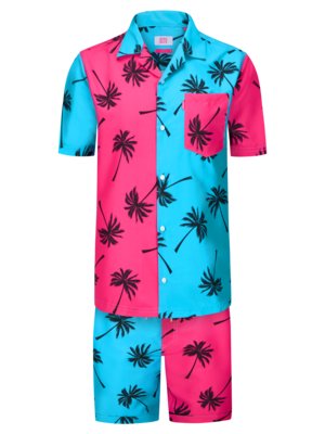 Zweifarbiges-Set-Kurzarmhemd-und-Shorts-mit-Palmen-Print,-Relaxed-Fit