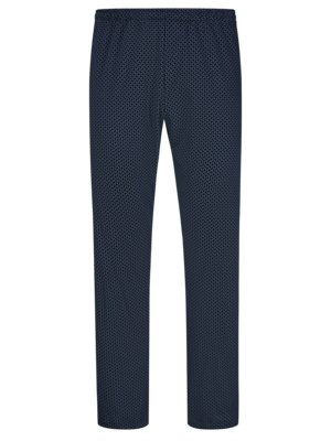 Dunkelblaue Hose, vollständig in einem sich wiederholenden geometrischen Muster bedeckt. Die Hose hat eine gerade Silhouette. Der Bund ist elastisch und ohne sichtbaren Verschluss.