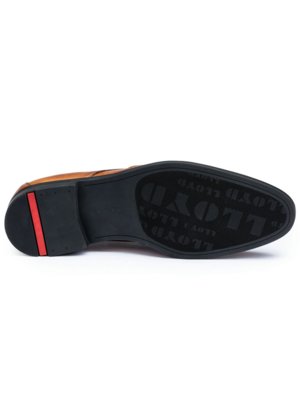Nahaufnahme der Sohle eines braunen Lederschuhs. Die schwarze Sohle hat den Markennamen "LLOYD" als Muster. Am Absatz befindet sich ein roter Streifen. Der Schuh liegt auf weißem Hintergrund.