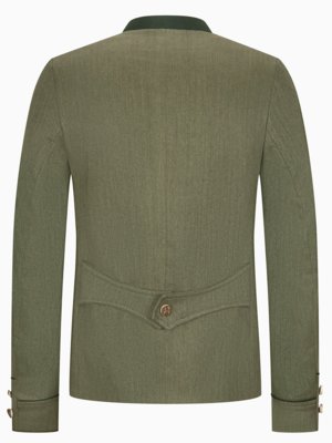 Rückansicht einer hellgrünen Herrenjacke mit Stehkragen in dunklem Grün. Die Jacke hat einen kleinen Schlitz hinten und goldfarbene Knöpfe an Ärmeln und Rückenteil. Der Stoff wirkt leicht strukturiert.
