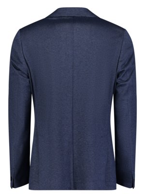 Rückansicht eines dunkelblauen Herren-Blazers. Der Blazer hat einen Reverskragen, zwei Seitennähte und Ärmel mit Knöpfen. Das Material hat eine feine Textur. Der Blazer ist freigestellt vor weißem Hintergrund.