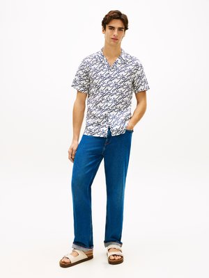 Leinen-Kurzarmhemd mit Monogramm-Print, Regular