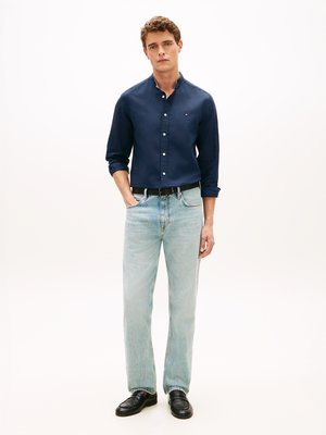 Unifarbenes Hemd mit Leinen und Stehkragen, Slim Fit