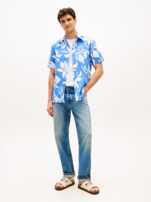 Kurzarmhemd aus Baumwolle und Leinen mit Print, Regular Fit