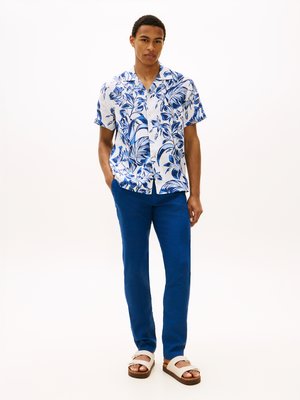 Leinen-Kurzarmhemd mit floralem Print und Resort-Kragen, Regular