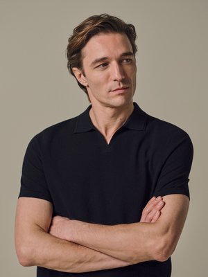 Strick-Poloshirt mit Tencel™ und Variokragen in Reiskornstruktur