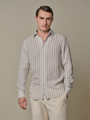Leinenhemd mit Blockstreifen und One Piece Collar, Slim Fit