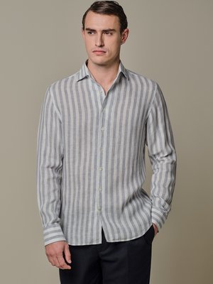Leinenhemd mit Blockstreifen und One Piece Collar, Slim Fit