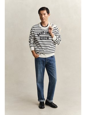 Rundhalspullover aus Baumwolle mit Label-Schriftzug und Ringelstreifen