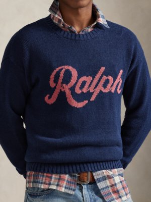 Strick-Pullover aus Leinen und Baumwolle mit Schriftzug, Relaxed Fit
