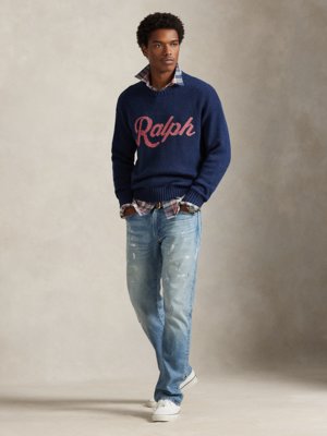 Strick-Pullover aus Leinen und Baumwolle mit Schriftzug, Relaxed Fit