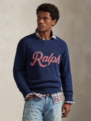 Strick-Pullover aus Leinen und Baumwolle mit Schriftzug, Relaxed Fit