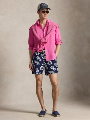 Seersucker-Badehose mit floralem Print und Jaguar-Motiv
