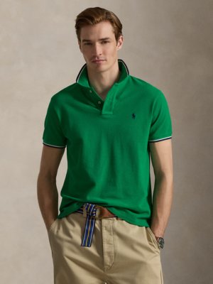 Piqué-Poloshirt mit Kontraststreifen und kleiner Pony-Stickerei, Custom Slim Fit
