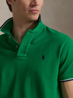 Piqué-Poloshirt mit Kontraststreifen und kleiner Pony-Stickerei, Custom Slim Fit