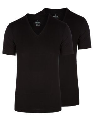 Zwei schwarze V-Ausschnitt T-Shirts, nebeneinander angeordnet. Beide Shirts haben kurze Ärmel und sind von der Marke "Ragman". Der Hintergrund ist weiß.