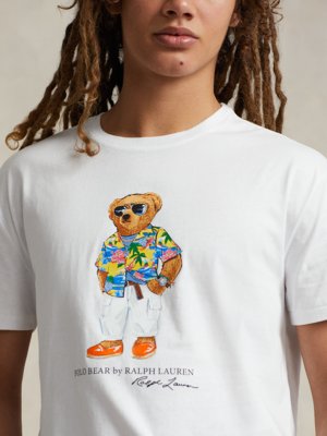 Meliertes T-Shirt mit Bären-Print, Classic Fit